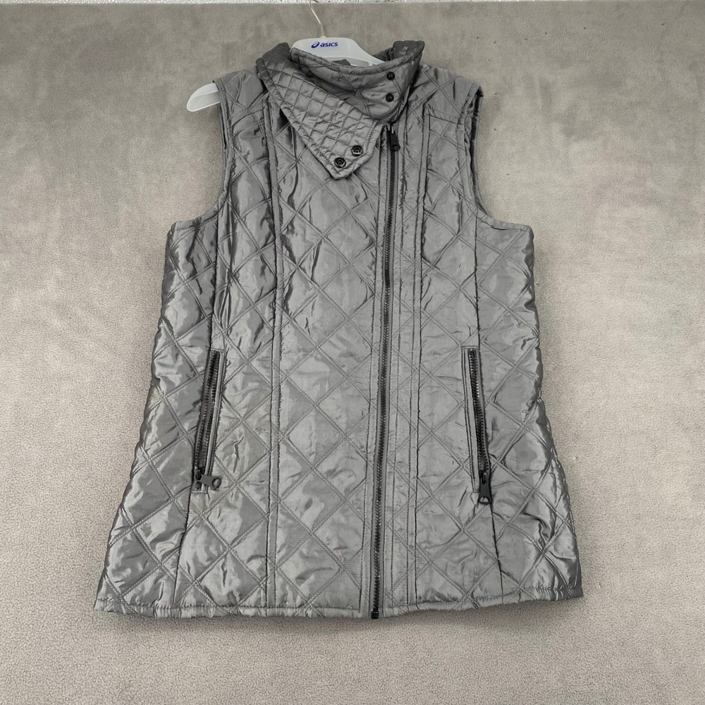 Marc New York Andrew Marc Gray Quilted Vest Metallic Puffer Funnel Neck Womens M